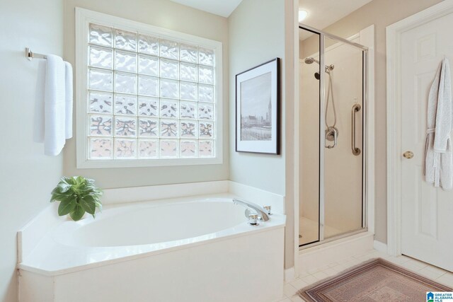 bathroom featuring a shower stall, a healthy amount of sunlight, and a bath