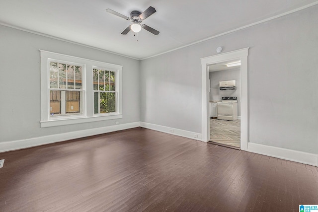 empty room featuring ornamental molding, hardwood / wood-style flooring, and ceiling fan