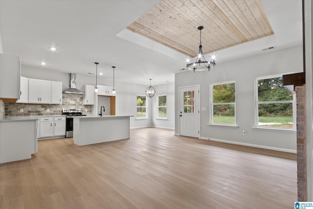 kitchen featuring electric stove, wall chimney exhaust hood, decorative light fixtures, and white cabinets