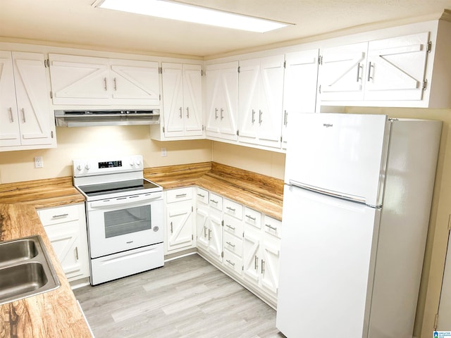 kitchen featuring sink, ventilation hood, light wood-type flooring, white cabinets, and white appliances