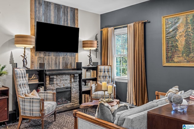 living room featuring a fireplace