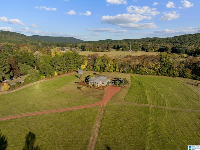 bird's eye view featuring a rural view and a mountain view