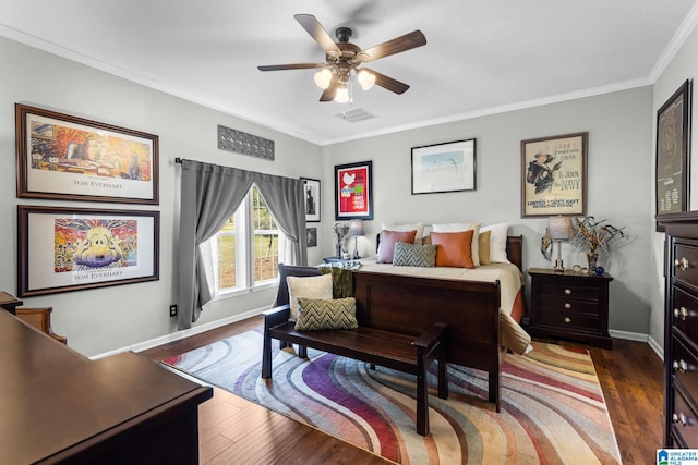 bedroom featuring ceiling fan, ornamental molding, and wood-type flooring