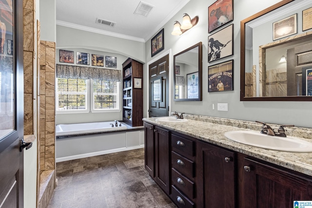 bathroom featuring vanity, ornamental molding, and a tub