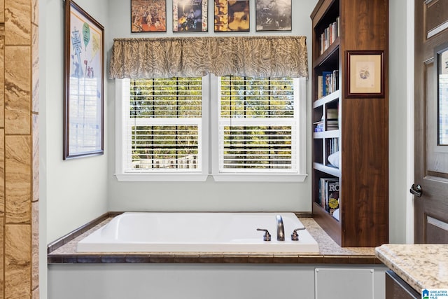 bathroom featuring vanity, a wealth of natural light, and a bathing tub