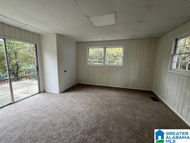 carpeted spare room featuring a drop ceiling, wooden walls, and plenty of natural light