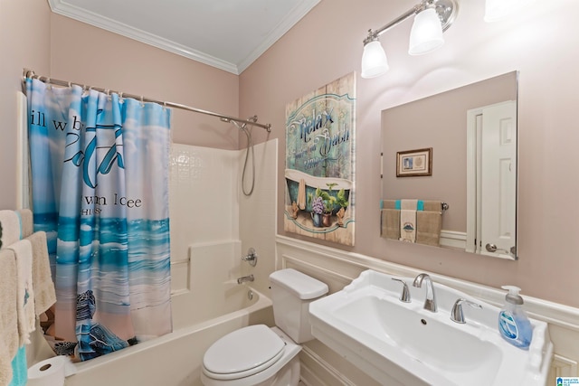 full bathroom featuring toilet, sink, shower / bath combination with curtain, and ornamental molding