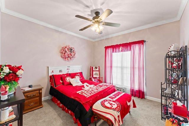 bedroom featuring ornamental molding, light carpet, and ceiling fan