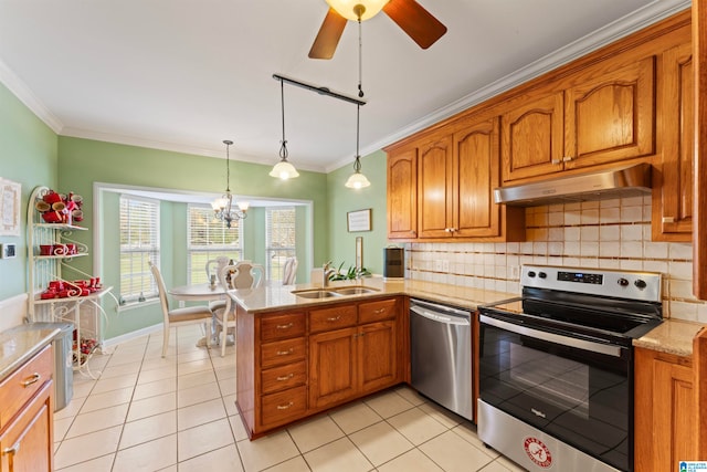 kitchen with ventilation hood, light tile patterned flooring, stainless steel appliances, pendant lighting, and sink