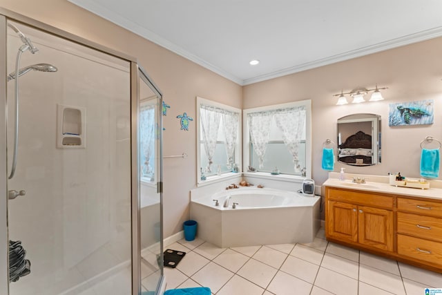 bathroom featuring independent shower and bath, vanity, tile patterned flooring, and crown molding