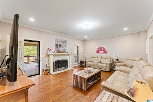 living room featuring light wood-type flooring, ornamental molding, and a fireplace