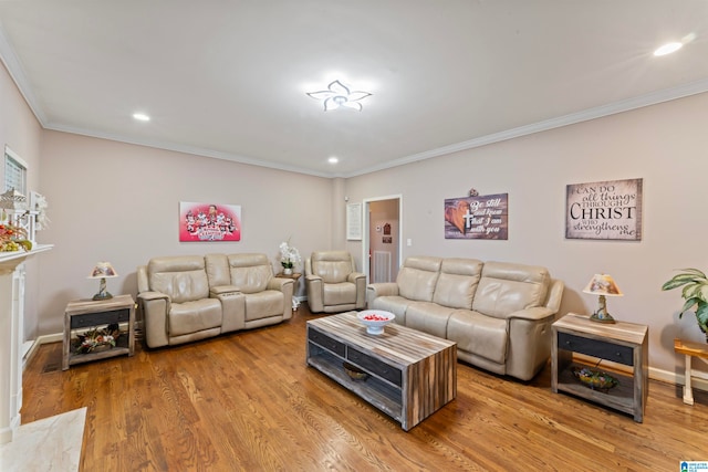 living room featuring hardwood / wood-style floors and ornamental molding