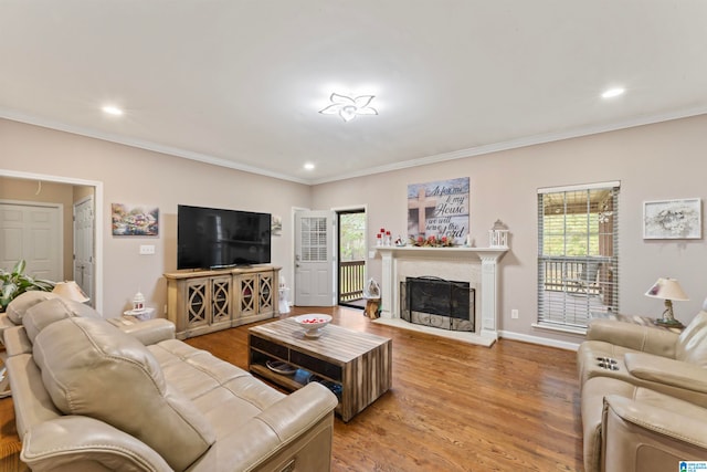 living room with ornamental molding and light hardwood / wood-style floors