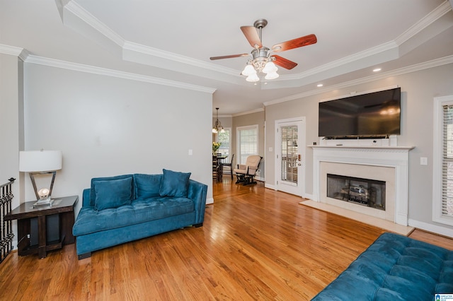 living room with a tray ceiling, hardwood / wood-style flooring, ornamental molding, and ceiling fan