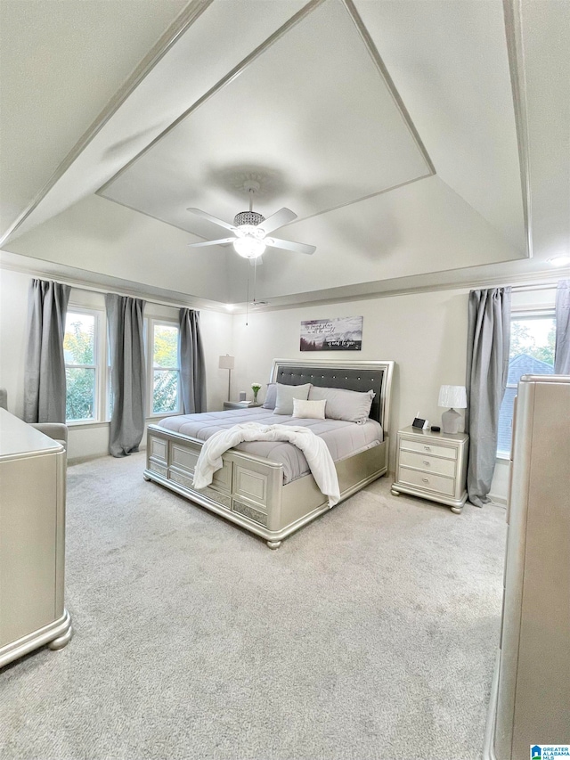 carpeted bedroom featuring a tray ceiling and ceiling fan