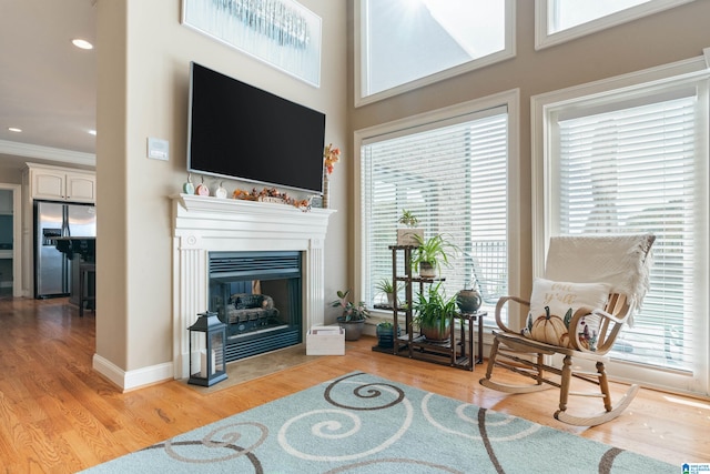 sitting room featuring light hardwood / wood-style floors, a healthy amount of sunlight, ornamental molding, and a high ceiling