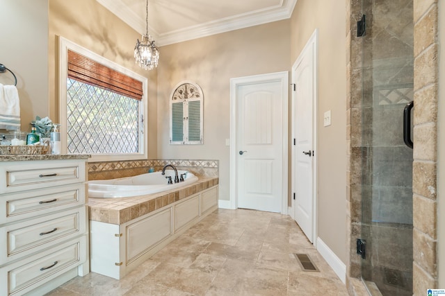 bathroom with vanity, ornamental molding, a chandelier, and independent shower and bath