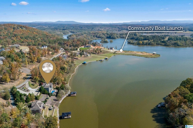 drone / aerial view with a water and mountain view