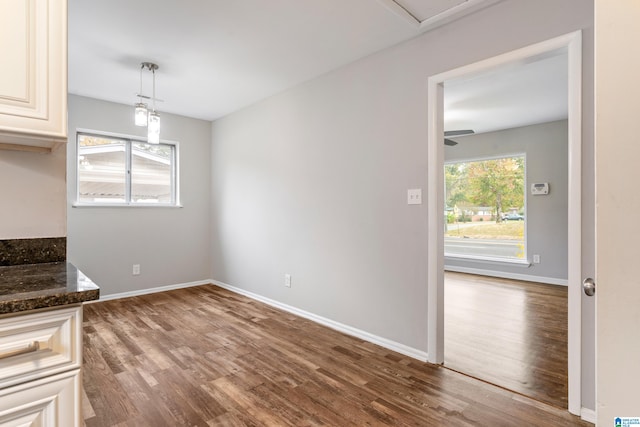 unfurnished dining area featuring ceiling fan, a healthy amount of sunlight, and hardwood / wood-style floors