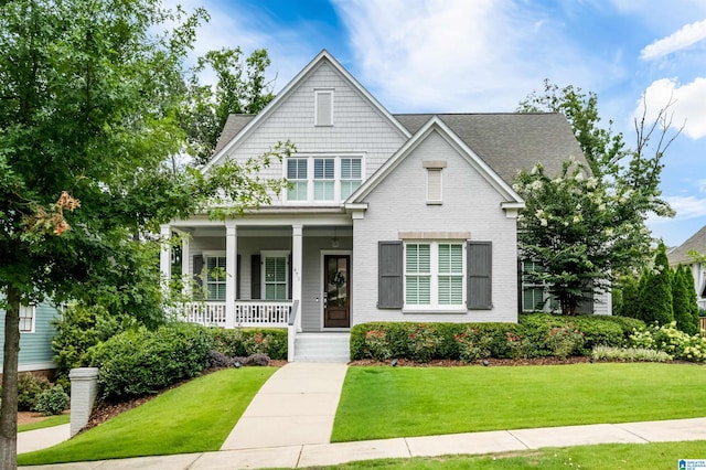 view of front of house featuring a porch and a front lawn