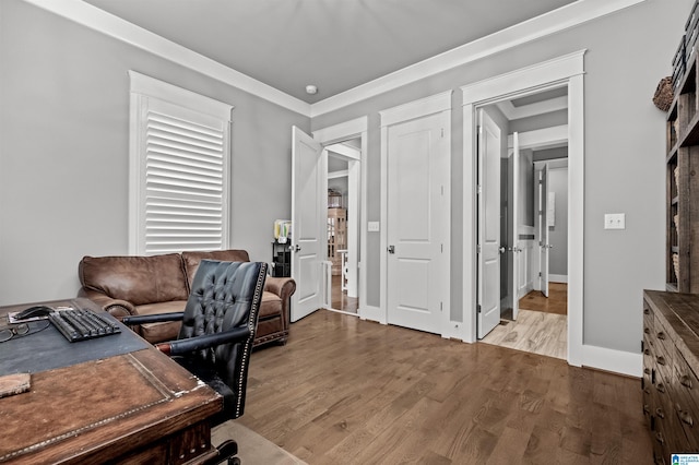 home office featuring crown molding and wood-type flooring