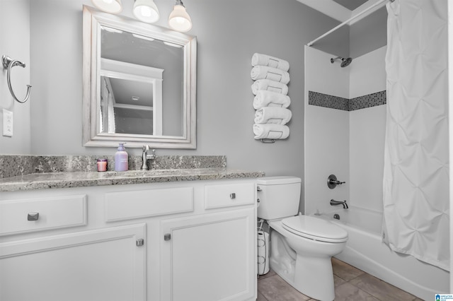 full bathroom with vanity, shower / bath combination with curtain, toilet, and tile patterned flooring