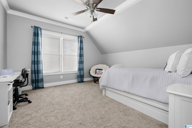 bedroom featuring ceiling fan, light carpet, and lofted ceiling