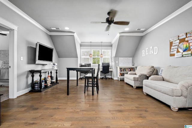 living room with crown molding, wood-type flooring, and ceiling fan