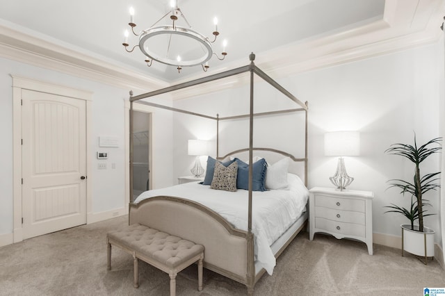 bedroom with light carpet, an inviting chandelier, ornamental molding, and a raised ceiling