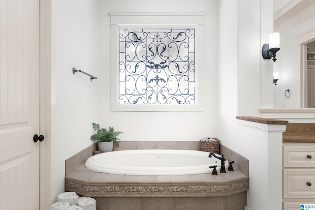 bathroom with a relaxing tiled tub