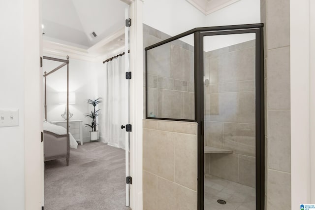 bathroom with crown molding, walk in shower, and vaulted ceiling