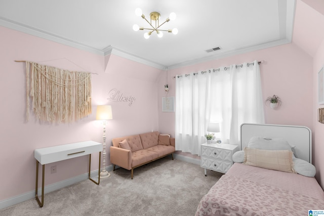 bedroom featuring lofted ceiling, crown molding, a notable chandelier, and carpet flooring