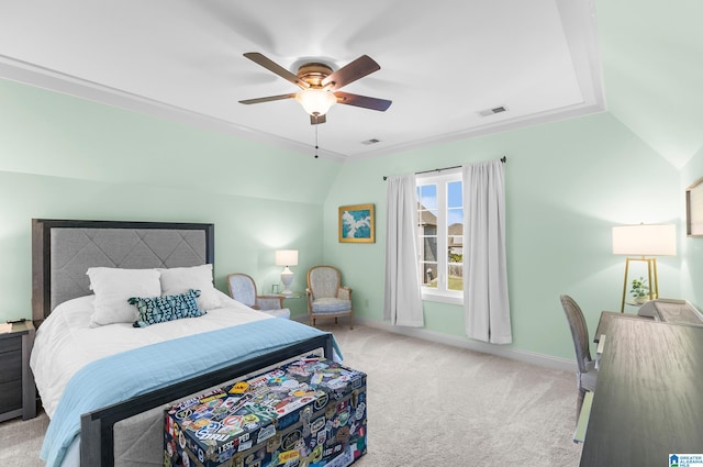 bedroom featuring lofted ceiling, light colored carpet, and ceiling fan