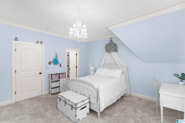 carpeted bedroom with ornamental molding, vaulted ceiling, and an inviting chandelier