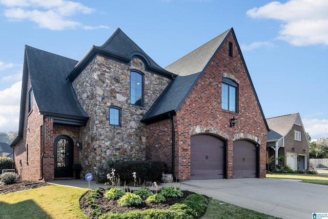 tudor house with a garage