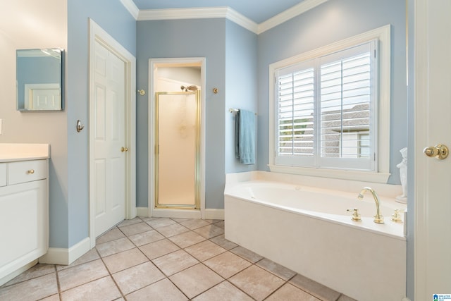 bathroom featuring vanity, crown molding, tile patterned floors, and independent shower and bath