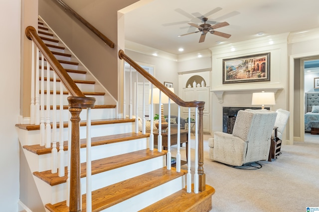 stairway with crown molding, carpet, and ceiling fan