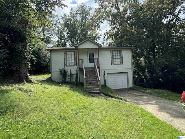 ranch-style house with concrete driveway, an attached garage, a front lawn, and stairs