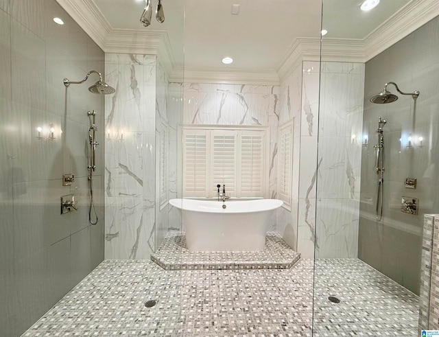 full bathroom with ornamental molding, a soaking tub, tile walls, and a marble finish shower