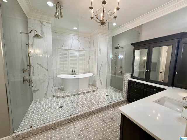 bathroom featuring a marble finish shower, ornamental molding, a freestanding bath, and vanity