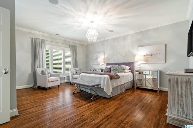 bedroom featuring a chandelier, dark wood-type flooring, visible vents, baseboards, and crown molding