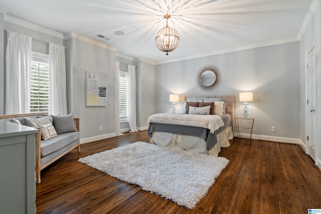 bedroom featuring dark wood-style flooring, visible vents, crown molding, and baseboards