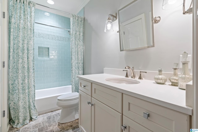 full bathroom featuring shower / bath combination with curtain, vanity, and toilet