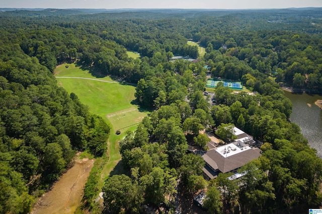 drone / aerial view featuring a water view and a forest view