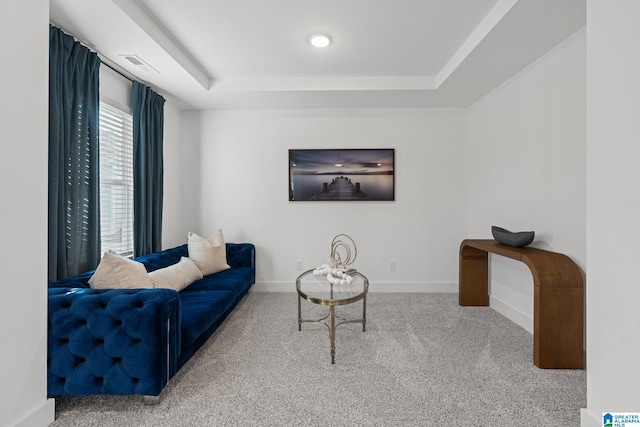 carpeted living room featuring a tray ceiling