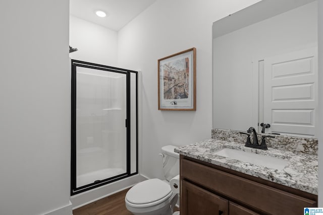 bathroom with vanity, toilet, wood-type flooring, and a shower with door