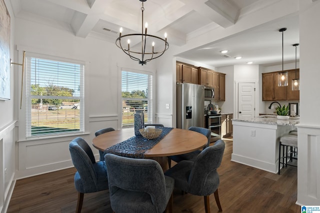 dining space with beam ceiling, dark hardwood / wood-style floors, crown molding, sink, and coffered ceiling