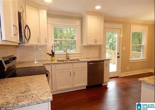 kitchen featuring sink, white cabinetry, stainless steel appliances, and dark wood-type flooring