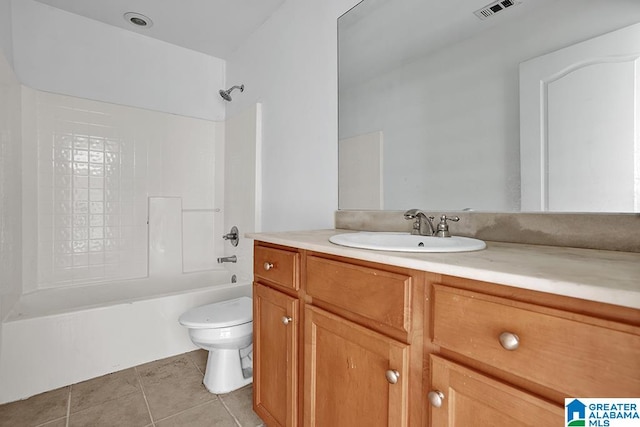 full bathroom with vanity, toilet, bathtub / shower combination, and tile patterned floors