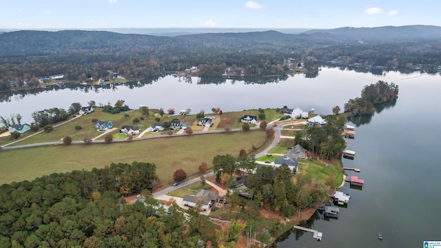 bird's eye view with a water and mountain view